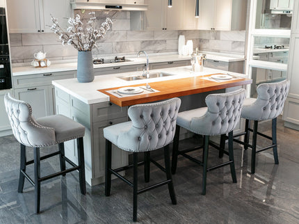 Contemporary Upholstered Wing-Back Barstools With Button Tufted Decoration And Wooden Legs, And Nailhead Trim, Leisure Style Bar Chairs, Bar Stools (Set of 2)