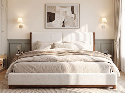 King Upholstered Bed Frame, No Box Spring Needed - Walnut / White