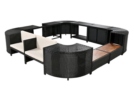 Spa Surround Spa Frame Quadrilateral Outdoor Rattan Sectional Sofa Set With Mini Sofa, Wooden Seats And Storage Spaces