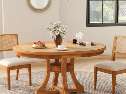 Extendable Round Dining Table, Adjustable Length, Construction With Space Saving Design - Natural Wood