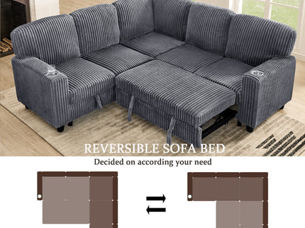 L-Shaped Sofa With Pull Out Sofa Bed With USB