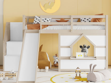Loft Bed With Storage Stairs, Slide, Playhouse Window And 7 Colors LED Lights