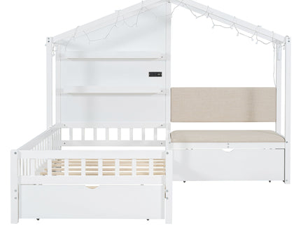 House Bed With Upholstered Sofa, Wireless Charging Station, Shelves And 2 Drawers