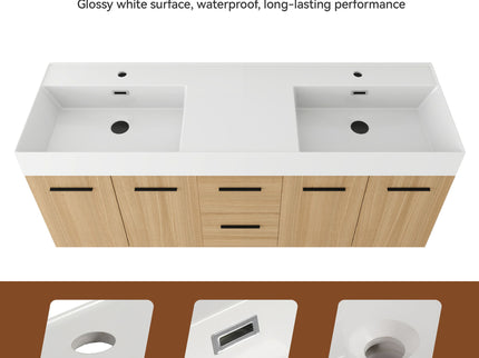 Floating Double Sink Bathroom Vanity With Drawers And Doors, Extra Large Storage, Integrated Sink, Soft Close Hardware - Glossy White / Light Oak