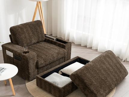Oversized Chaise Lounge Indoor Rabbit Fur Sofa Bed With Storage Ottoman And Armrests Cup Holders With Deep Seat