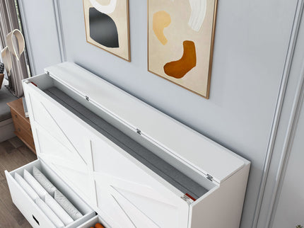 Full Murphy Bed With Storage Drawers, Charging Station, Foldable Panels, And Silent Swivel Wheels