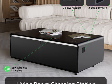 Modern Smart Coffee Table With Built-In Fridge, tooth Speaker, Wireless Charging Module, Touch Control Panel, Power Socket, USB Interface, Outlet Protection, Atmosphere Light