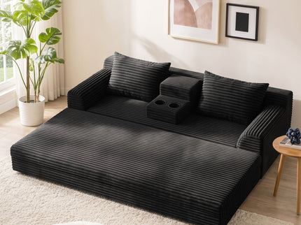 Soft Striped Convertible Sofa Bed, Dual Use Lounge Couch With Cup Holders And Pillows