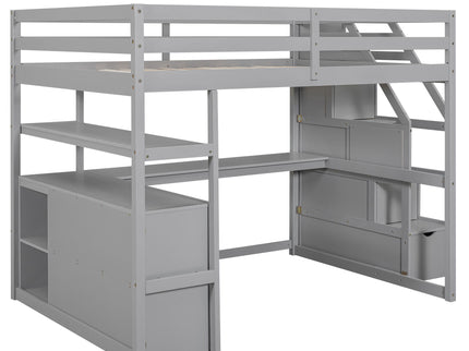 Loft Bed With Desk, Shelves, 2 Drawers, Storage Staircase