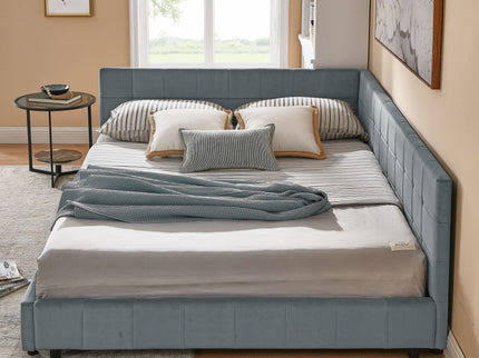 Mid-Century Storage Upholstered Tufted Bed Frame With Backrest And Armrests