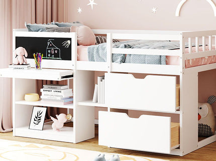 Low Loft Bed With Rolling Desk, Shelf And Drawers