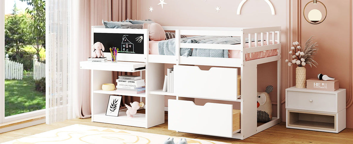 Low Loft Bed With Rolling Desk, Shelf And Drawers