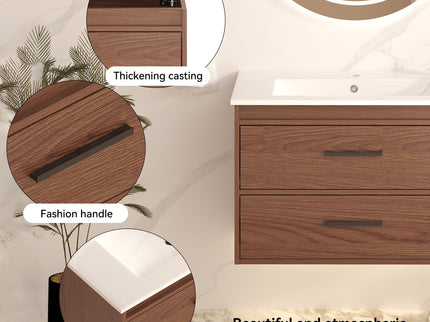 Wall Mounting Bathroom Vanity With Soft Close 2 Drawer, Sink - Reddish Brown