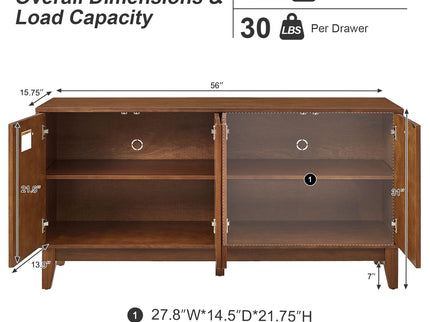 TV Stand With Carved Geometric Doors Storage Cabinet, 4 Door Media Console For Living Room - Walnut