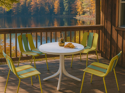 4 Piece Set Of Color Block Designed Single Chairs With Round Table - Grain Yellow / Haze Green / Tropical Orange / White