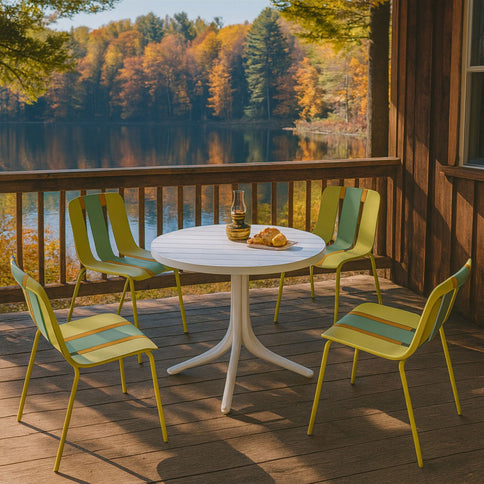 4 Piece Set Of Color Block Designed Single Chairs With Round Table - Grain Yellow / Haze Green / Tropical Orange / White