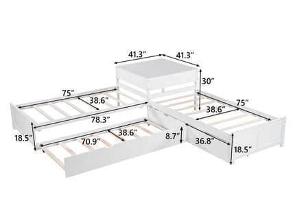 L Shaped Platform Bed With Trundle And Drawers Linked With Built In Desk