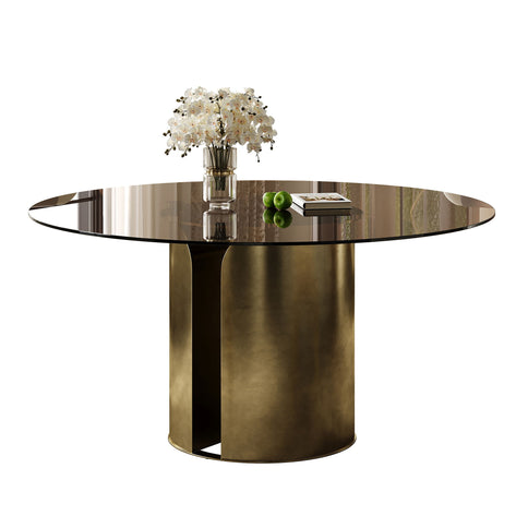 Round Dining Table With Glass Top, Kitchen And Living Room Furniture - Brown