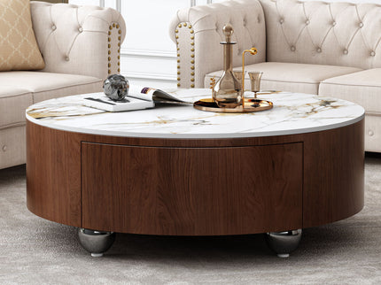Round Coffee Table With 2 Drawers For Living Room - Walnut Brown / White / Multi