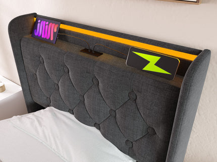 Upholstered Bed, 360 Surround LED Function, Remote Control, Hydraulic Storage Bed With USB, Type-C Charging (Without Mattress)