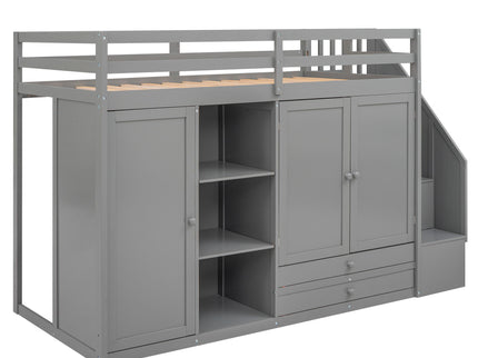 Loft Bed With 3 Shelves, 2 Wardrobes, 2 Drawers, Ladder Storage