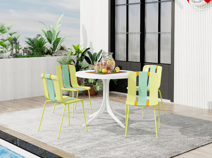 4 Piece Set Of Color Block Designed Single Chairs With Round Table - Grain Yellow / Haze Green / Tropical Orange / White