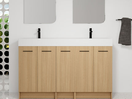 Double Sink Bathroom Vanity With Extra Large Storage, Integrated Sink, Freestanding Cabinet, Soft Close Doors - Glossy White / Light Oak