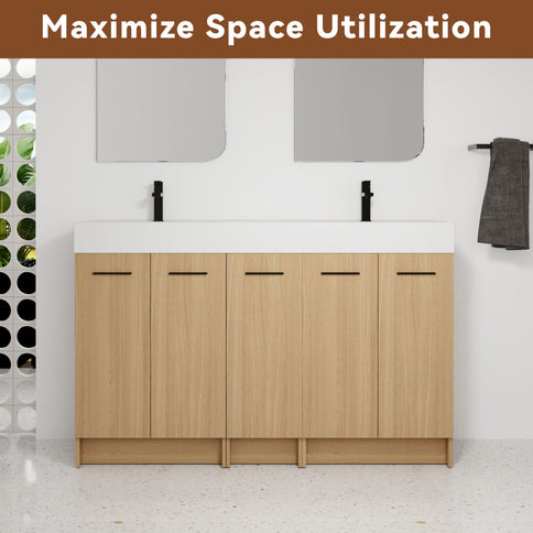Double Sink Bathroom Vanity With Extra Large Storage, Integrated Sink, Freestanding Cabinet, Soft Close Doors - Glossy White / Light Oak