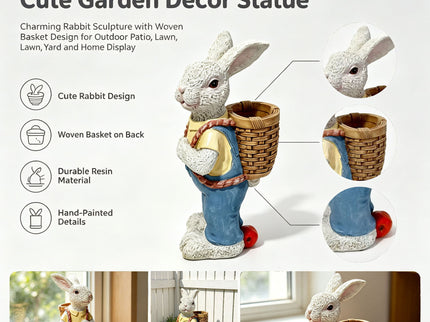 Simulated Couple Rabbit Statue Flower Pot Ornament, Resin Garden Sculpture Decor - Blue / White
