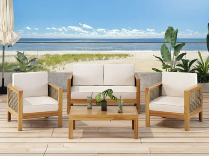 Outdoor 4 Seater Acacia Wood Chat Set With Wicker Accents And Cushions - Teak / Mixed Brown / Beige