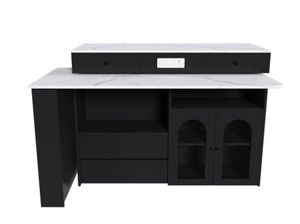 Kitchen Island With Extendable Rotating Table, 4 Drawers & Glass Door Cabinets, Built In Socket - Black