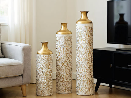 3 Piece Home Decoration Large Glazed Floor Vase Decoration Home Droplet Shaped - Gold / White