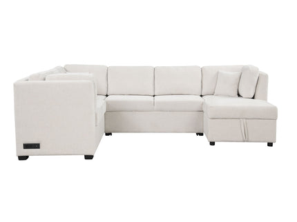 U-Shaped Sectional Sofa Pull Out Sofa Bed With Two USB Ports, Two Power Sockets, Three Back Pillows And A Storage Chaise For Living Room