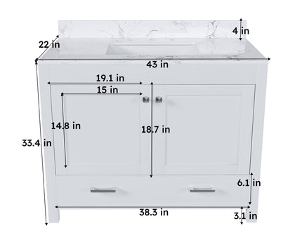 43" Bathroom Vanity With Artificial Marble Carrara Top Set, Multi Functional Bathroom Cabinet With Doors And Drawer - White