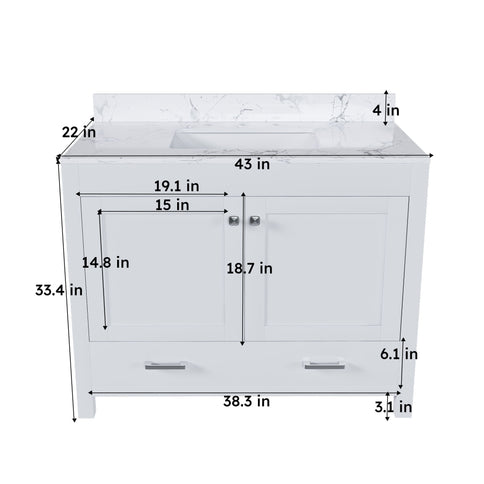 43" Bathroom Vanity With Artificial Marble Carrara Top Set, Multi Functional Bathroom Cabinet With Doors And Drawer - White