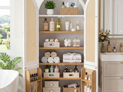 Tall Arched Cabinet With Rattan Doors & Adjustable Shelves