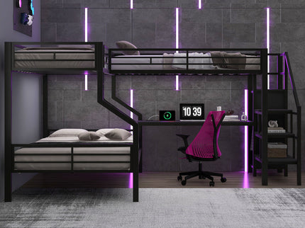 Twin Over Full L Shaped Bunk & Loft Bed With Built-In Wardrobe, Desk, And USB Ports - Black
