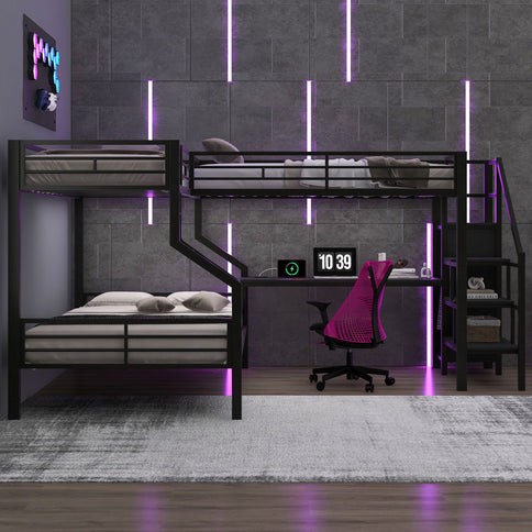 Twin Over Full L Shaped Bunk & Loft Bed With Built-In Wardrobe, Desk, And USB Ports - Black