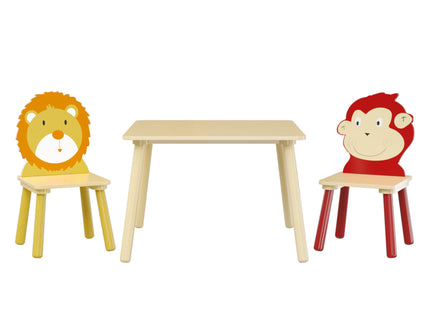 Kids Table And 2 Chairs Set, 3 Pieces Toddler Table And Chair Set, Wooden Activity Play Table Set (Lion&Monkey) - Natural