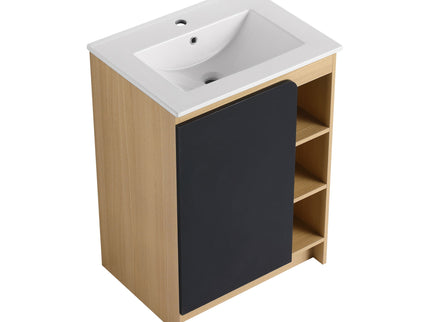 Freestanding Bathroom Vanity With Thin Rim Sink, Single Door With 4 Tier Open Shelves - Light Oak / White