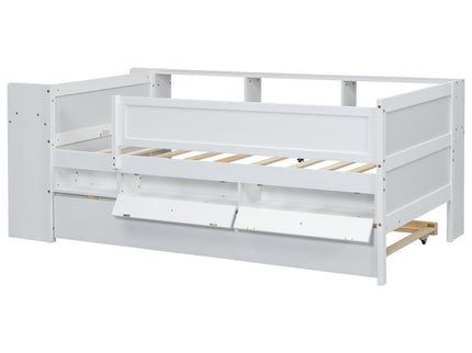 Twin Daybed With Drawers, Trundle, Headboard Storage, Study Desk, And USB Charging Station - White