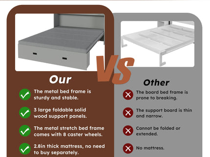 Full Murphy Bed With Storage Drawers, Charging Station, Foldable Panels, And Silent Swivel Wheels