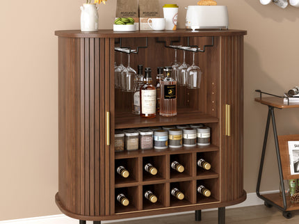 Fluted Wine Bar Cabinet With 8 Grid Wine Rack, 5 Level Adjustable Shelves, 2 Glass Holders