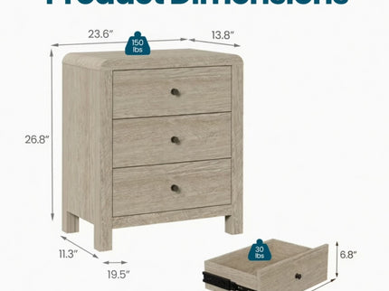 3 Drawer Chest Of Drawers With Soft Close Glides Rounded Corners Handles - Natural