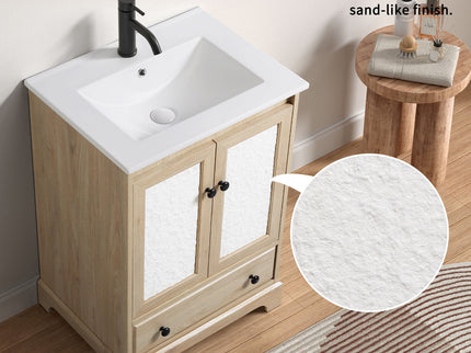 Bathroom Vanity Base, Cabinet With Carved Floral Doors - Natural Wood