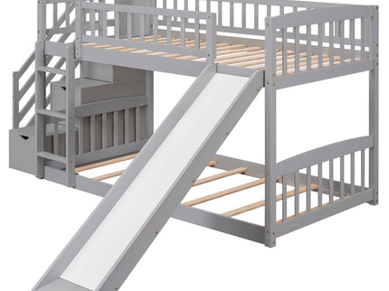Twin Over Twin Bunk Stairway Bed With 2 Drawers And Slide - Gray