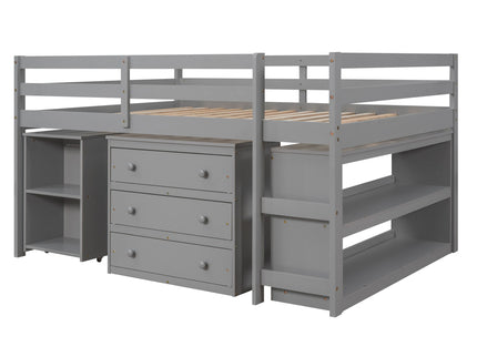 Loft Low Study Bed With Cabinet, Shelves And Rolling Portable Desk, Multiple Functions