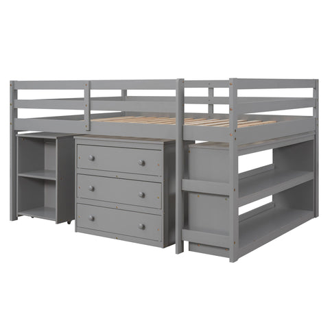 Loft Low Study Bed With Cabinet, Shelves And Rolling Portable Desk, Multiple Functions