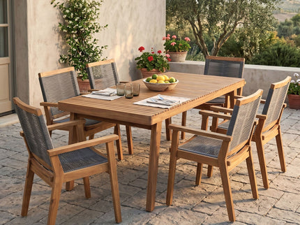 7 Piece Outdoor Patio Dining Set With Table And 6 Arm Chairs - Brown / Dark Gray / Teak