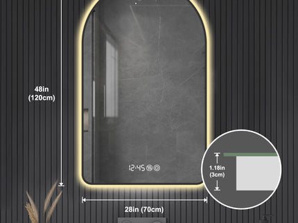 Arched LED Vanity Mirror With Time & Temperature Display, Anti-Fog, Dimmable Backlight In Frame, 3 Color Temperatures